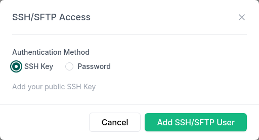 InstaWP SSH/SFTP Access dialog with SSH Key and Password authentication options