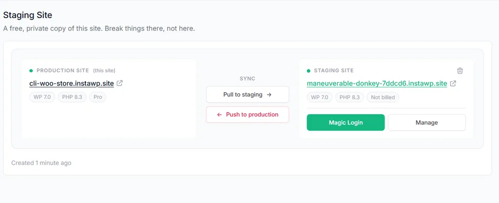 InstaWP staging panel with production and staging environments and Pull to staging and Push to production buttons