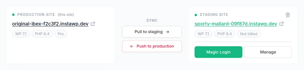 The InstaWP staging card showing the production site and its staging copy, with Pull to staging and Push to production buttons between them.