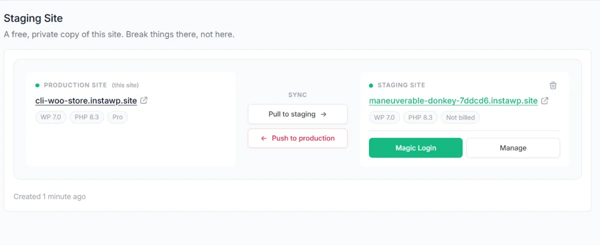 InstaWP Staging Site panel with Pull to staging and Push to production buttons