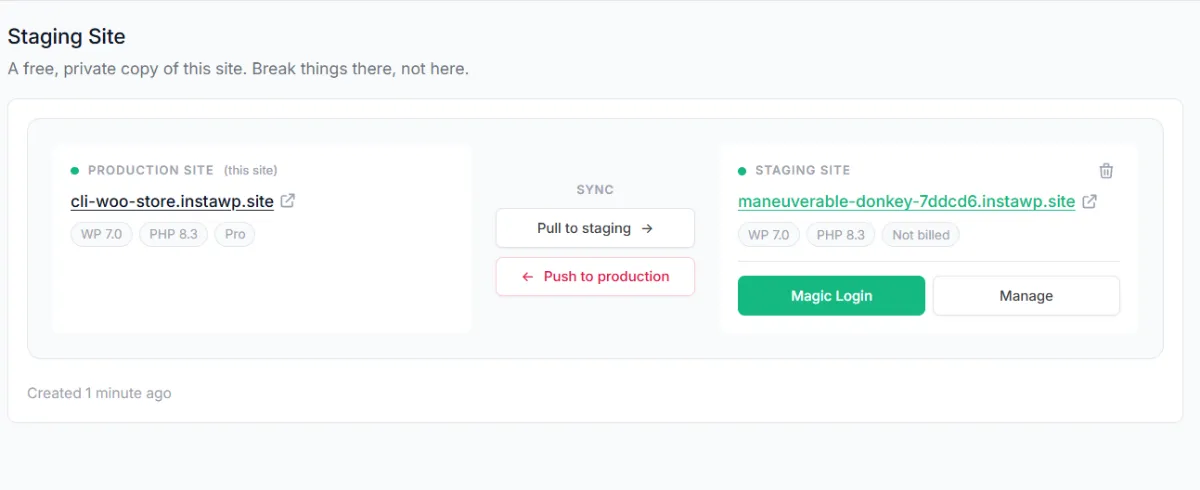 InstaWP staging panel with a production site and its staging copy, Pull to staging and Push to production buttons