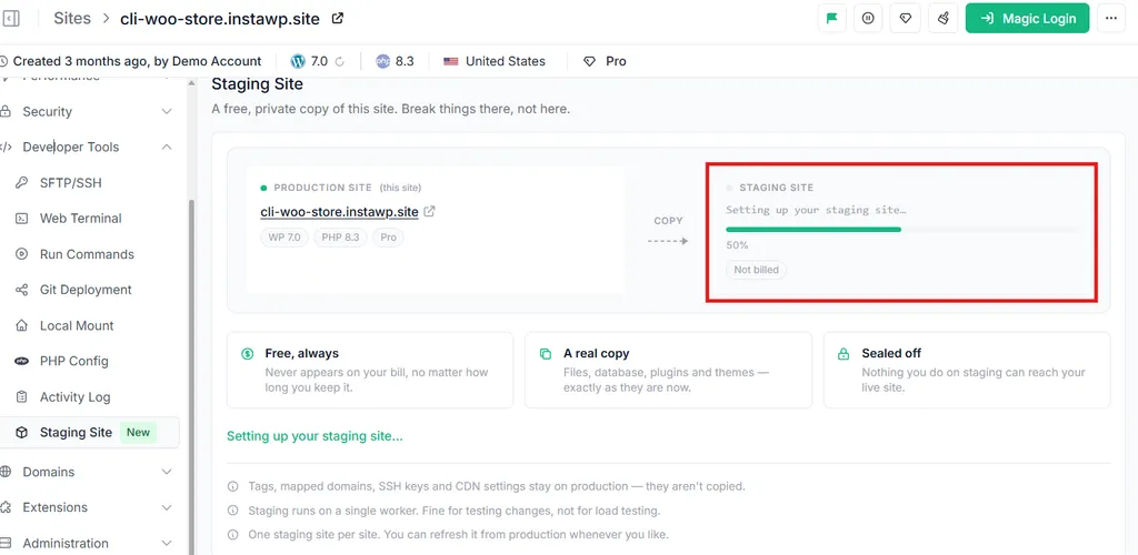 InstaWP copying a production site into its staging environment, with a progress bar