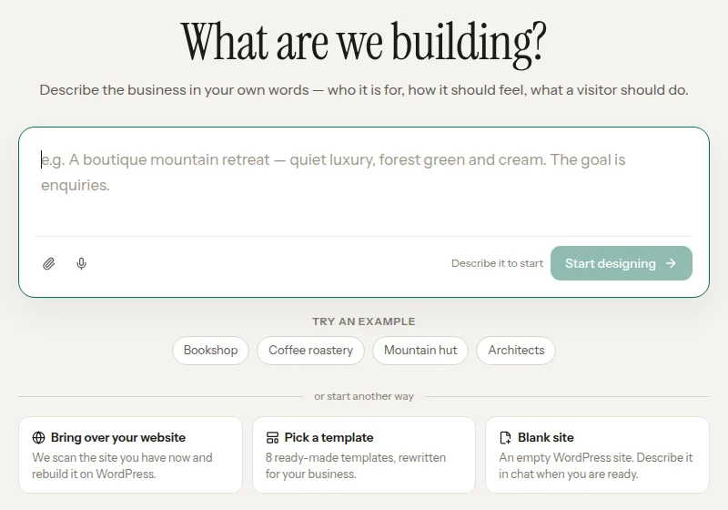 InstaWP Studio start screen asking What are we building, with a box to describe the business, example businesses to try, and three other ways to start: Bring over your website, Pick a template with 8 ready-made templates, and Blank site
