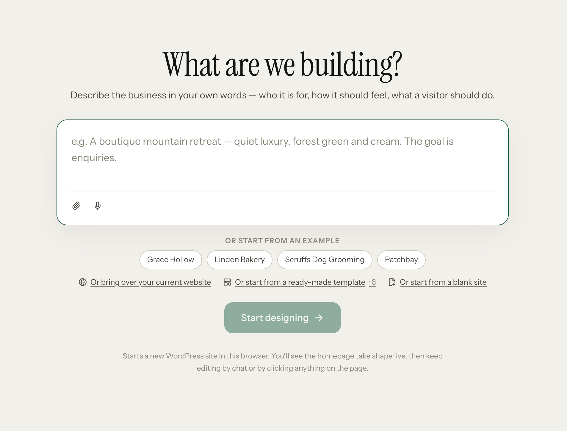 InstaWP Studio start screen asking What are we building, with a brief box, example businesses, and options to bring over a current website, start from a ready-made template or start from a blank site