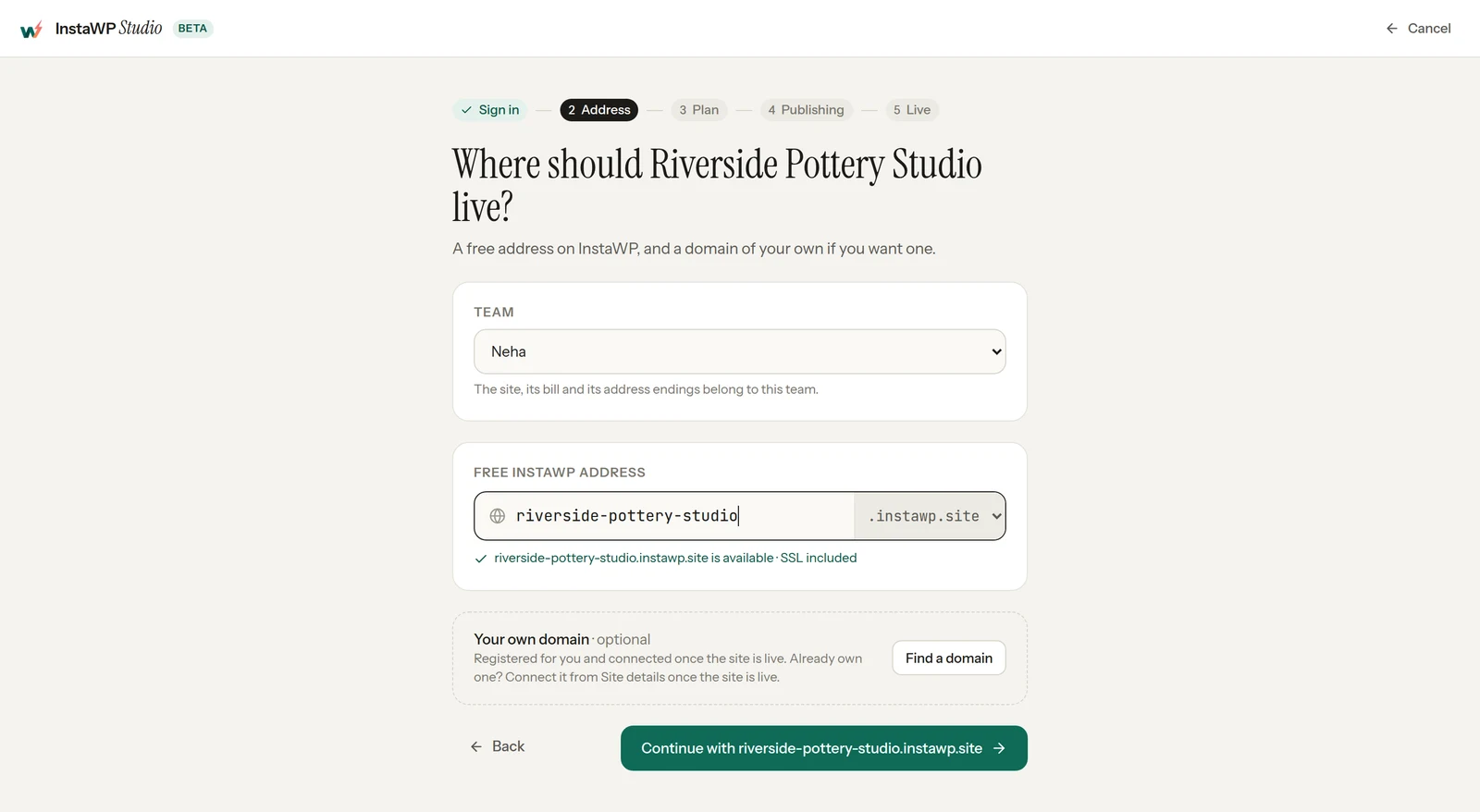 InstaWP Studio Publish step 2, Address: a free riverside-pottery-studio.instawp.site address marked available with SSL included, and an optional Find a domain button
