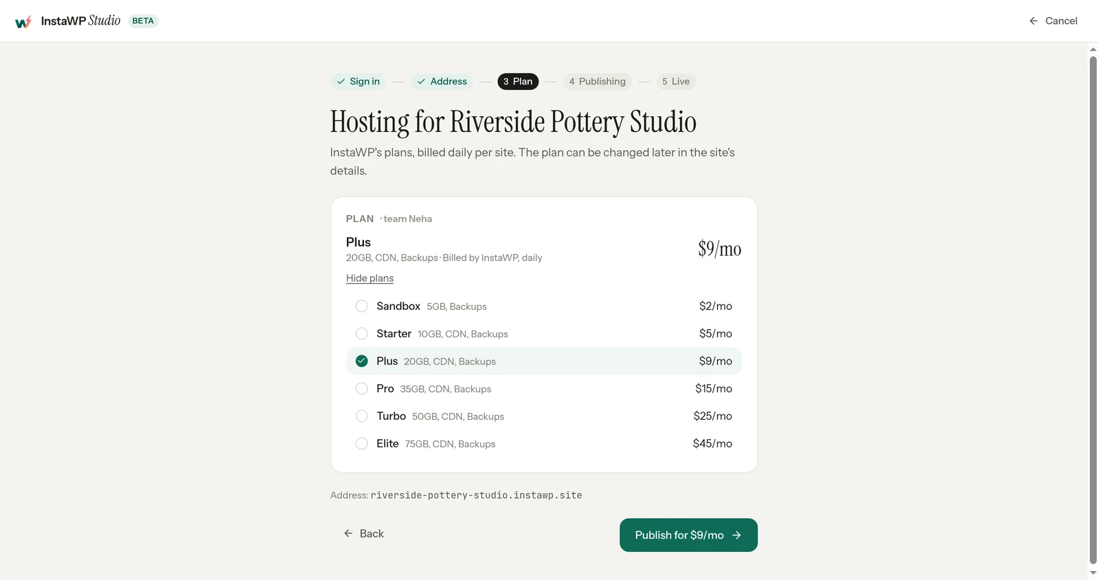 InstaWP Studio Publish step 3, Plan: hosting plans billed daily per site, from Sandbox at 2 dollars a month to Elite at 45 dollars a month, with Plus at 9 dollars selected