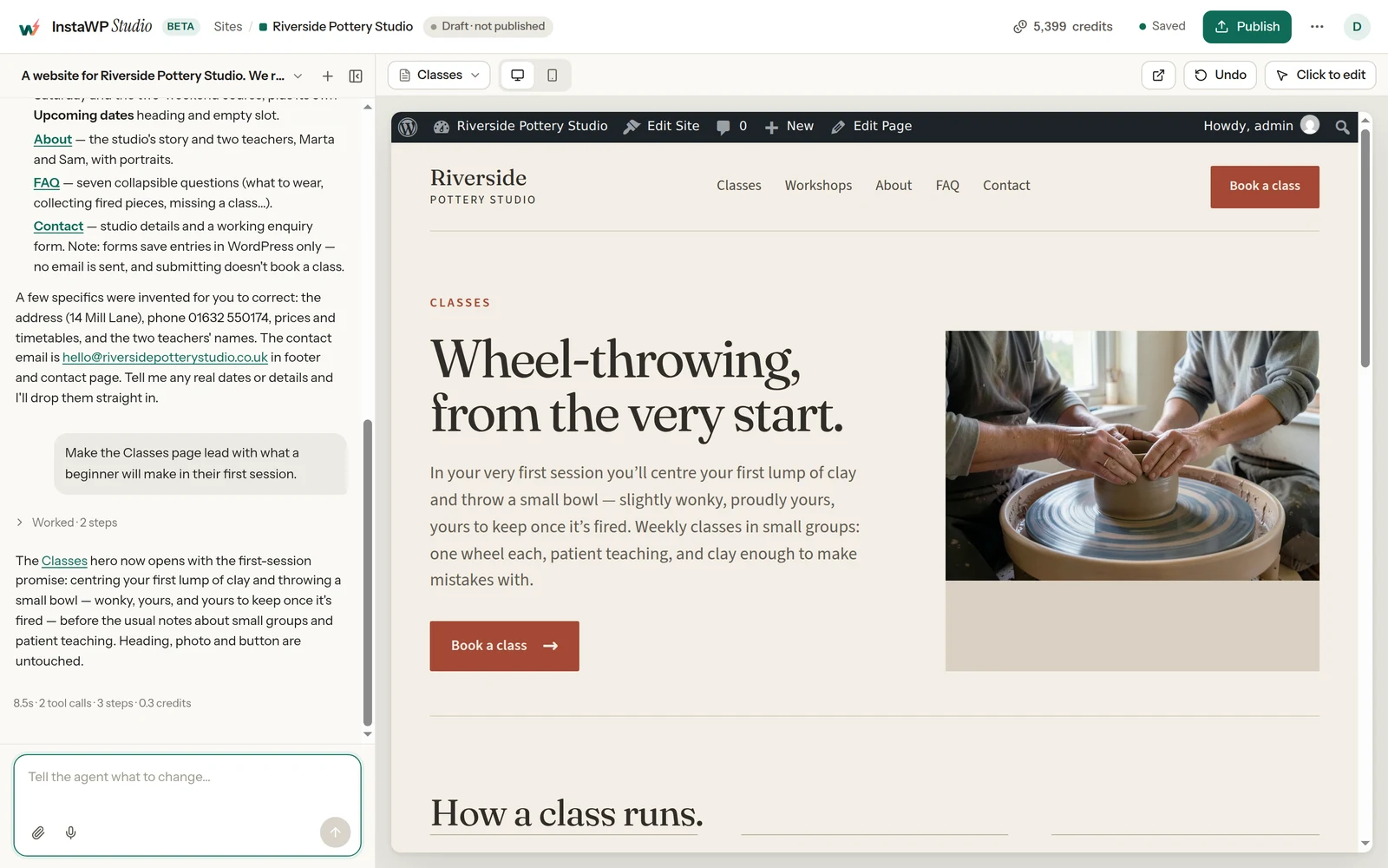InstaWP Studio with the chat request Make the Classes page lead with what a beginner will make in their first session, and the updated Classes page hero beside it