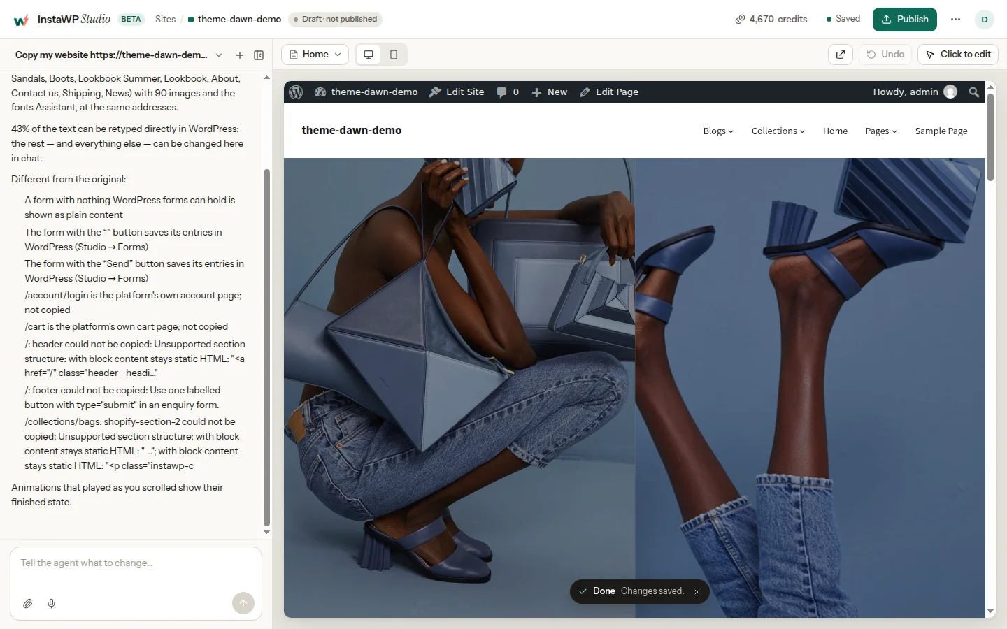 The Shopify Dawn theme demo store copied into WordPress inside InstaWP Studio, with the WordPress admin bar above the storefront and a chat report listing the cart and account pages that were not copied