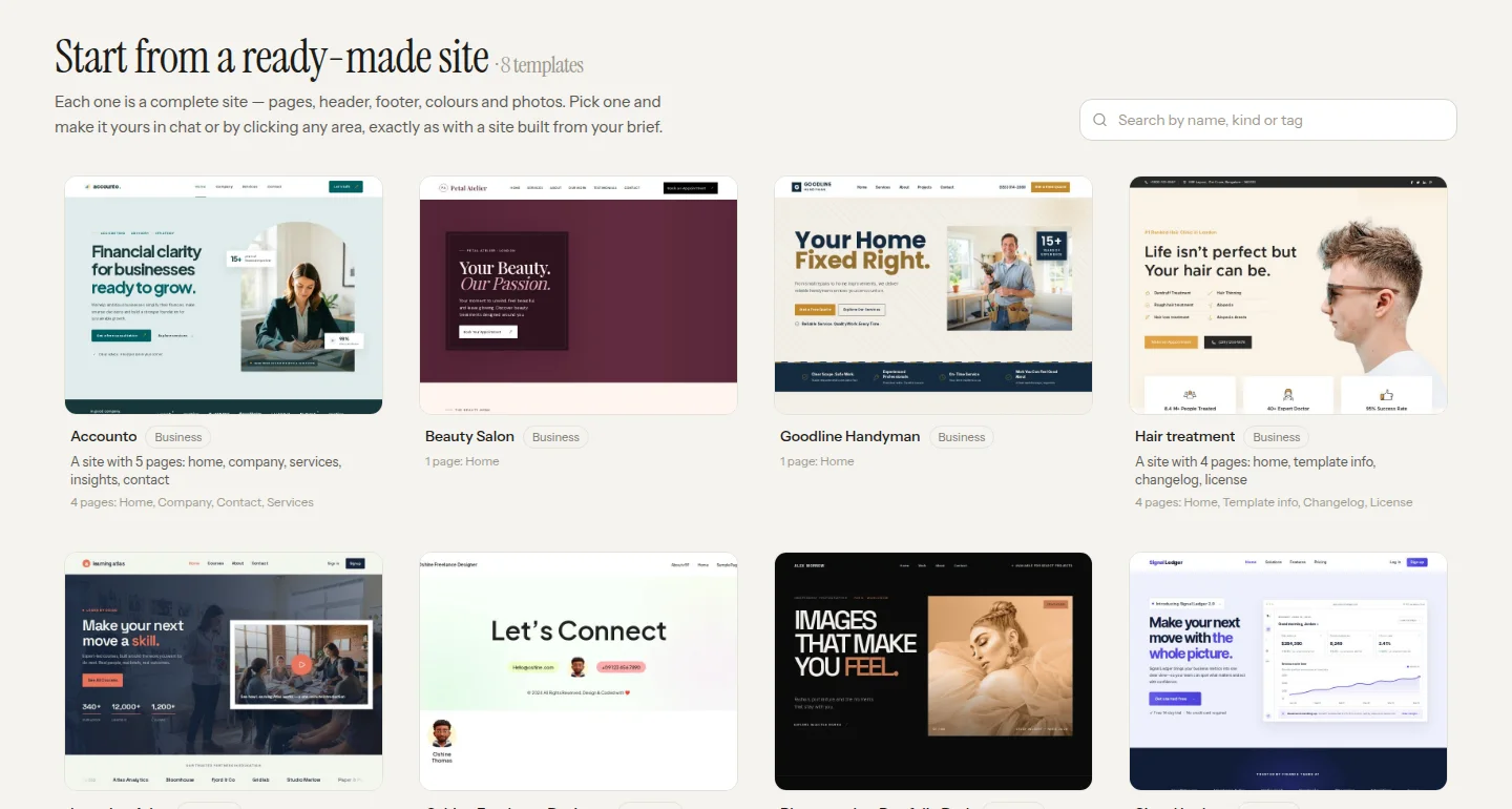 InstaWP Studio Start from a ready-made site gallery showing 8 templates, including Accounto, Beauty Salon, Goodline Handyman, Hair treatment, Learning Atlas, Oshine Freelance Designer, Photographer Portfolio Dark and Signal Ledger, with a search box and a Use this template button