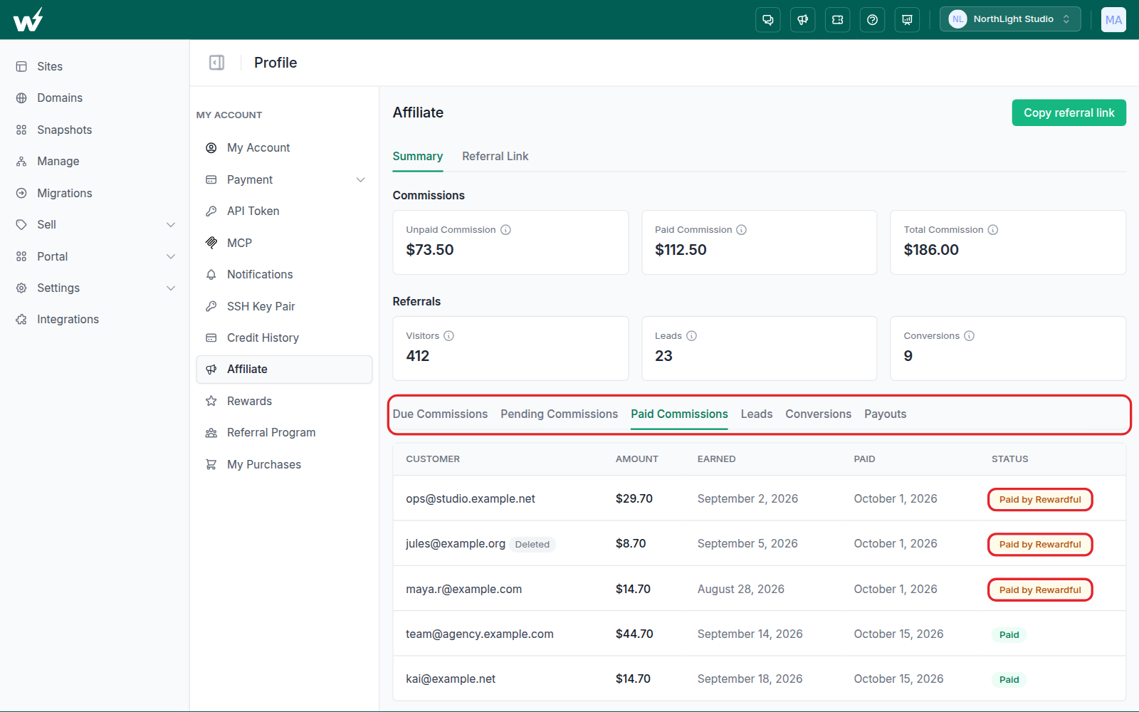 The Affiliate page in My Account showing commission totals and the Paid Commissions tab with Paid by Rewardful badges