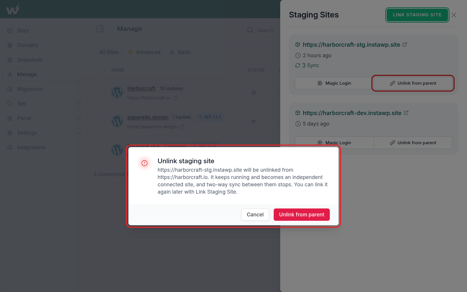 The Staging Sites panel on the Manage page with Unlink from parent buttons and the Unlink staging site confirmation