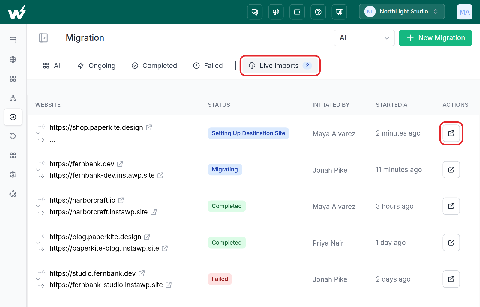 The Live Imports tab on the InstaWP Migration dashboard listing recent imports with their status and an Open live import button