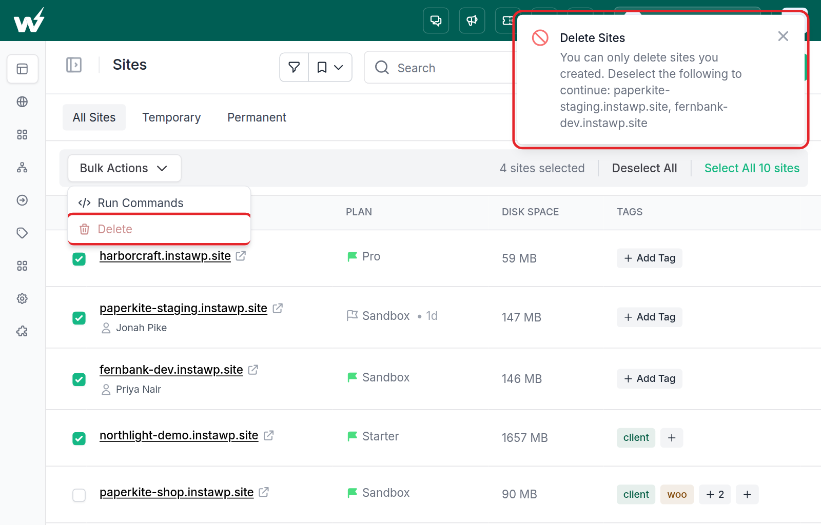 The Sites list with Delete dimmed in Bulk Actions and a message naming the sites a team Manager cannot delete