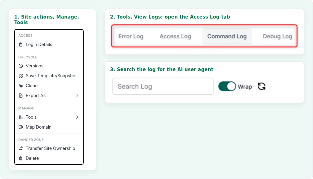 Opening the access log on InstaWP: site actions, Tools, View Logs, then the Access Log tab and the Search Log box