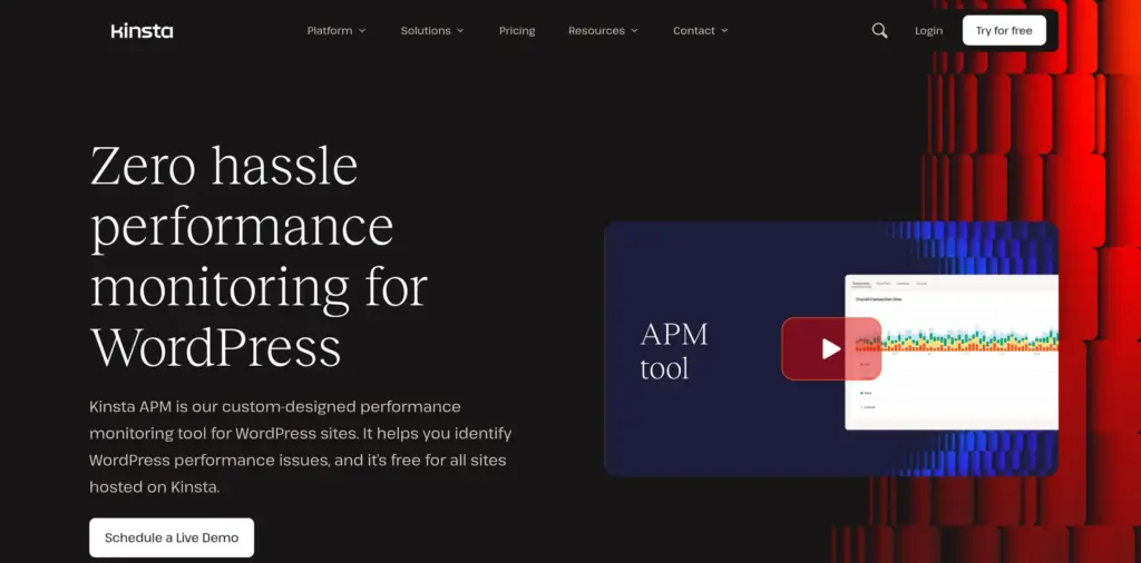 Kinsta APM tool page with the heading Zero hassle performance monitoring for WordPress, saying the tool is free for all sites hosted on Kinsta, next to a transaction-time chart.