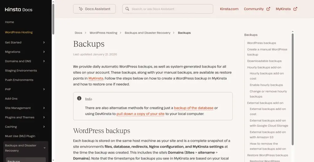 Kinsta documentation page titled Backups, last updated 21 January 2026, explaining daily automatic WordPress backups that appear as restore points in MyKinsta, with hourly and external backup add-ons in the sidebar.