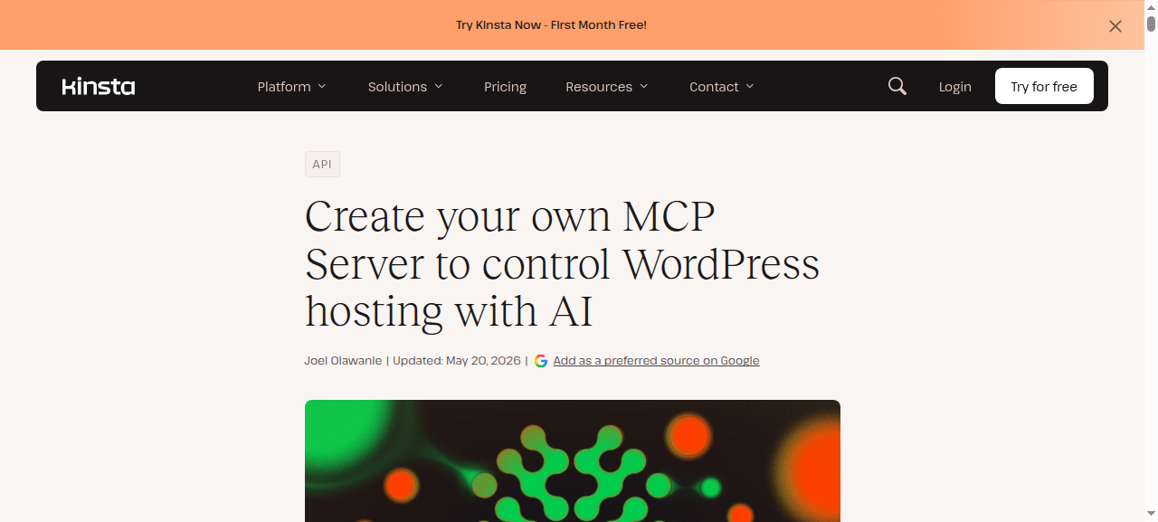 Kinsta blog tutorial titled Create your own MCP server to control WordPress hosting with AI, updated 20 May 2026