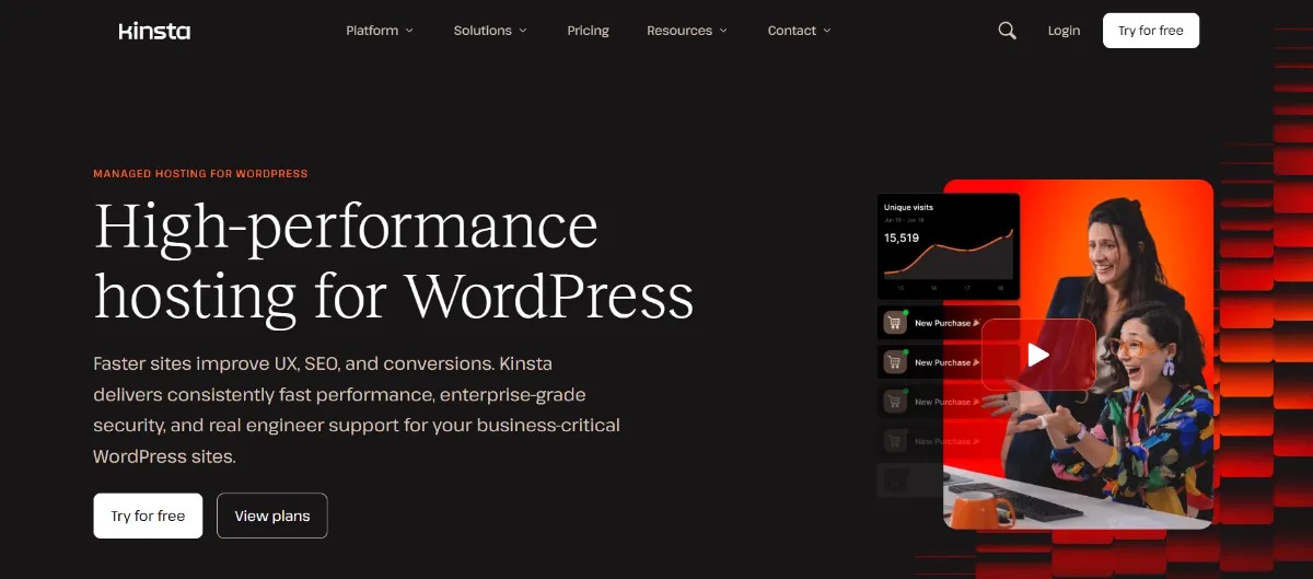 Kinsta homepage with the heading High-performance hosting for WordPress, promising fast performance, enterprise-grade security and engineer support for business-critical WordPress sites.