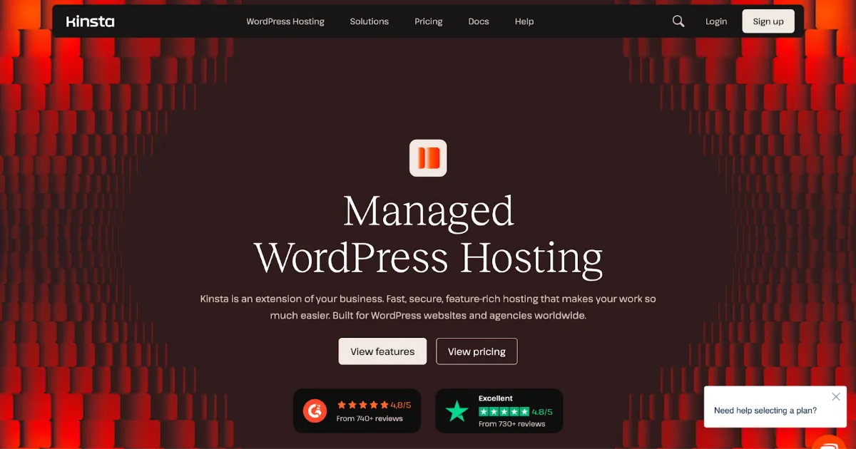 Kinsta homepage for managed WordPress hosting