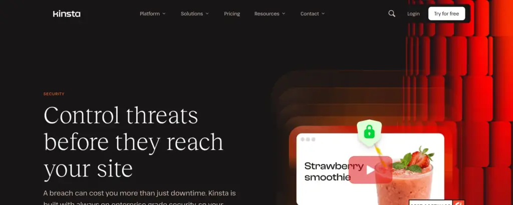 Kinsta security page with the heading Control threats before they reach your site, describing always-on enterprise-grade security.