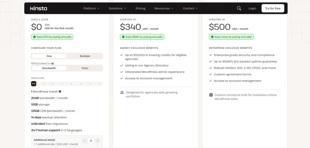 Kinsta pricing page showing the Single 20GB plan at $35 a month with a $0 first-month offer, 1 WordPress install, 10 GB storage, 14-day backup retention and 24/7 human support in 8 languages, next to Agency from $340 and Enterprise from $500.