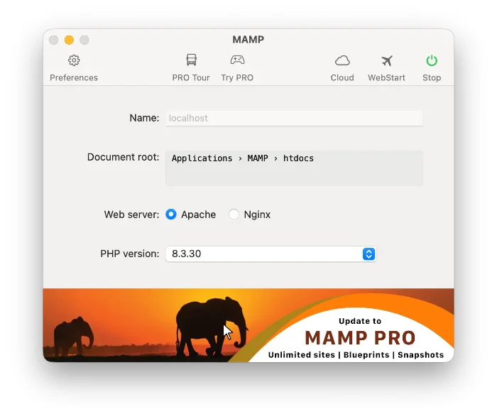 The MAMP 7 main window with servers running, showing the htdocs document root, Apache selected and PHP 8.3.30