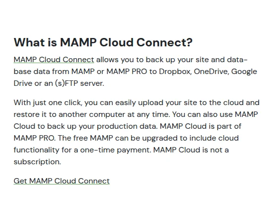 MAMP website section on MAMP Cloud Connect: part of MAMP PRO, a one-time paid upgrade for the free MAMP