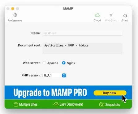 The free MAMP window with one document root, one web server and one PHP version, and an Upgrade to MAMP PRO banner for Multiple Sites, Easy Deployment and Snapshots