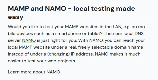 MAMP website section on NAMO, a local DNS server for testing MAMP sites on phones and tablets in the local network