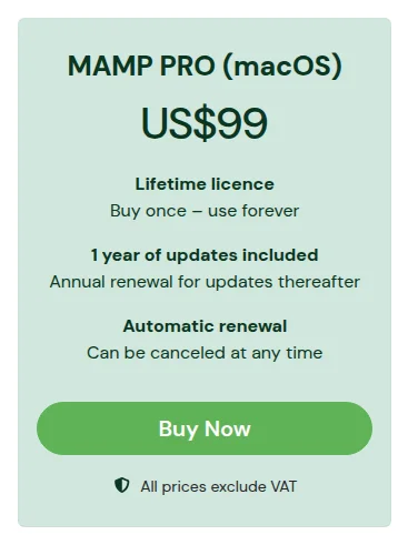MAMP store card for MAMP PRO macOS at US$99: lifetime licence, 1 year of updates included, annual renewal for updates thereafter
