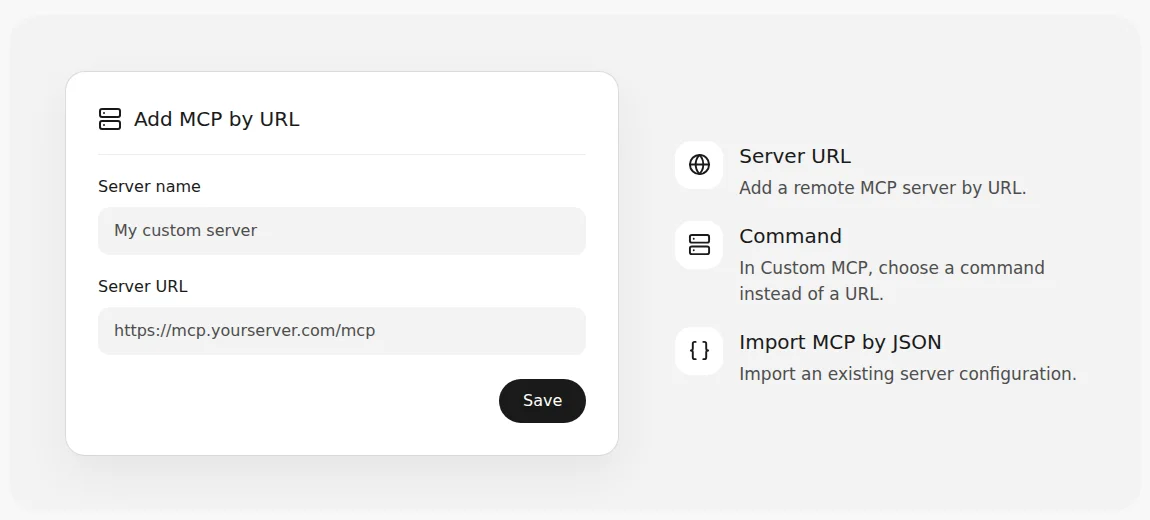 The Manus Add MCP by URL form with a Server name field, a Server URL field and a Save button.