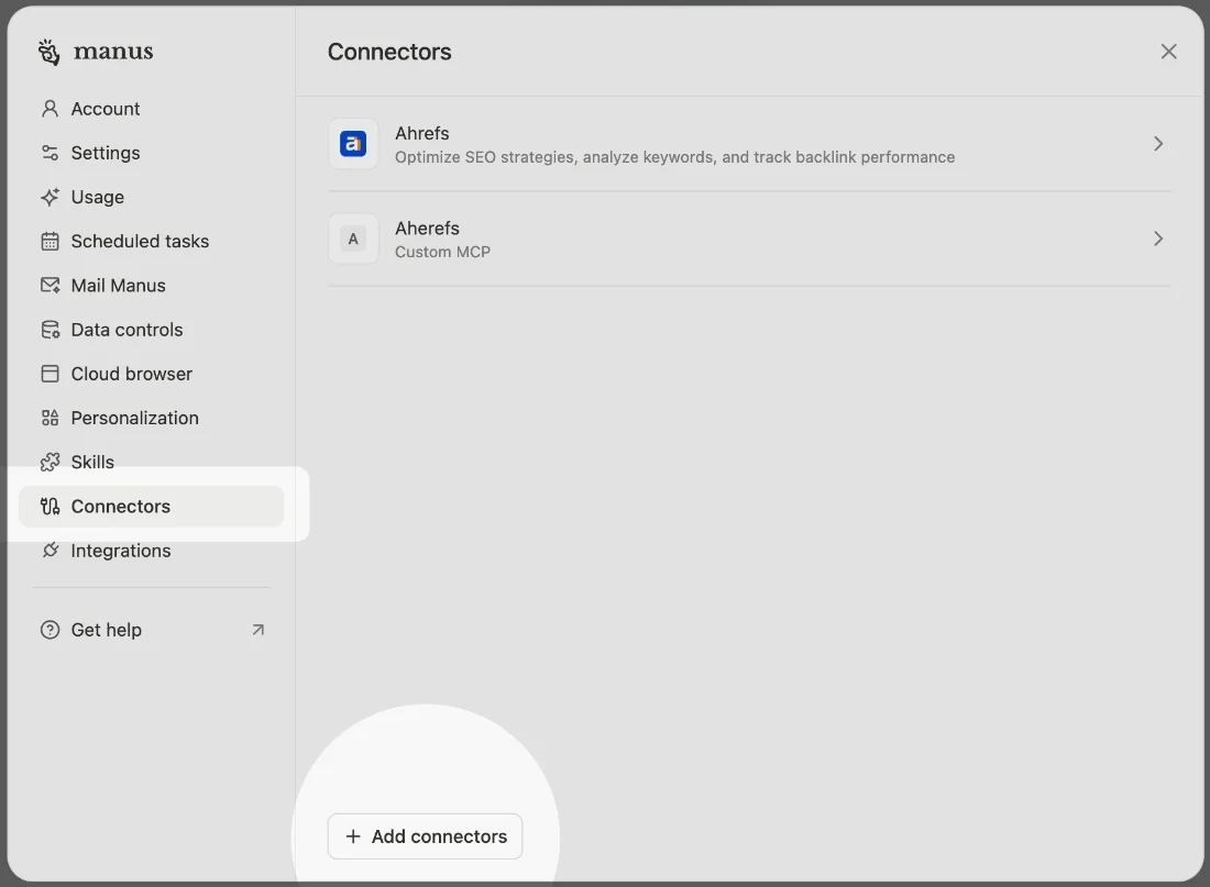The Manus Settings window on the Connectors page, with Connectors selected in the sidebar and the Add connectors button at the bottom.