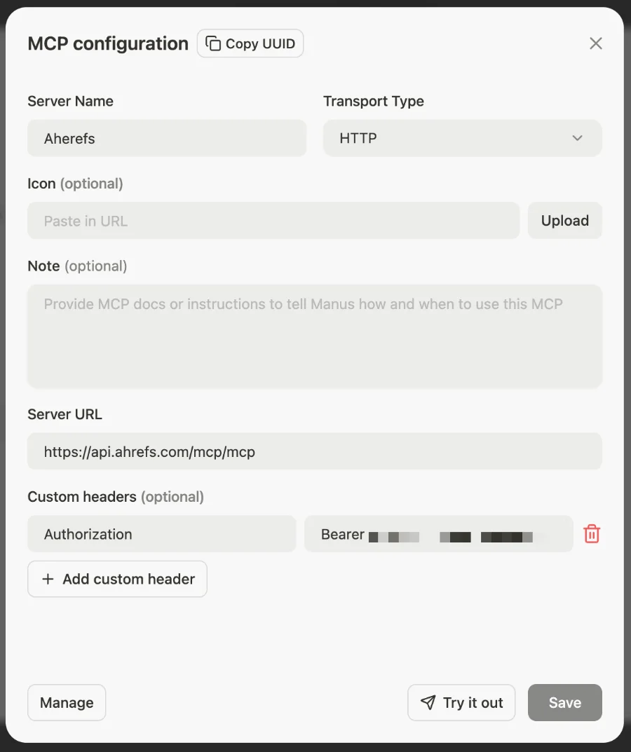 The Manus MCP configuration form with Server Name, Transport Type set to HTTP, an optional Icon and Note, Server URL, a custom Authorization header holding a Bearer token, and the Try it out and Save buttons.