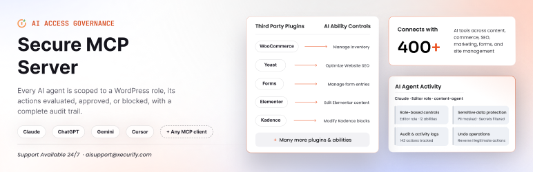 miniOrange Secure MCP Server plugin banner: every AI agent is scoped to a WordPress role, with an audit trail