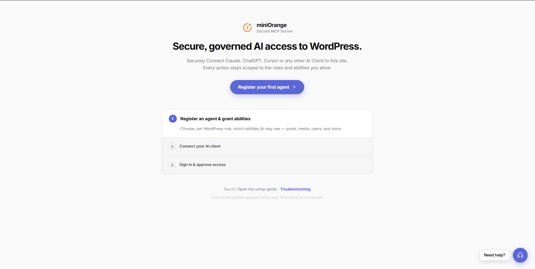miniOrange Secure MCP Server quick-start guide for registering a first AI agent and connecting an AI client to WordPress