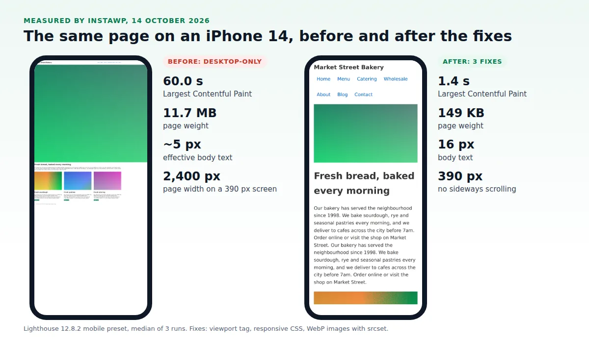 The same test page on an iPhone 14 before and after the fixes: LCP 60.0 s to 1.4 s, 11.7 MB to 149 KB, no sideways scrolling
