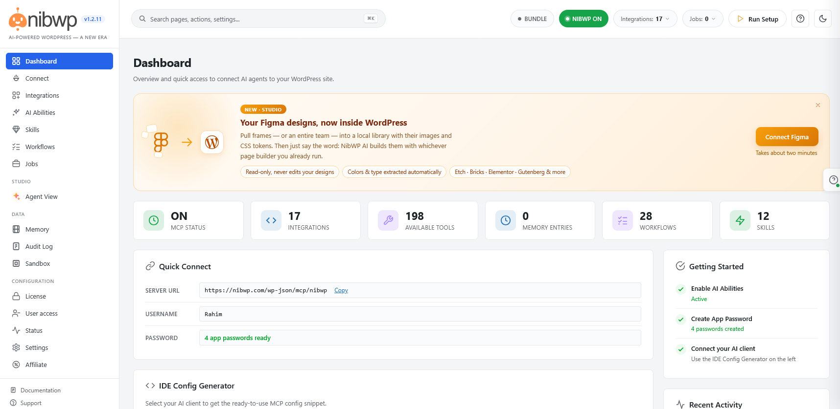 NIBWP self-hosted WordPress MCP server dashboard showing MCP status, active integrations, available tools and Quick Connect