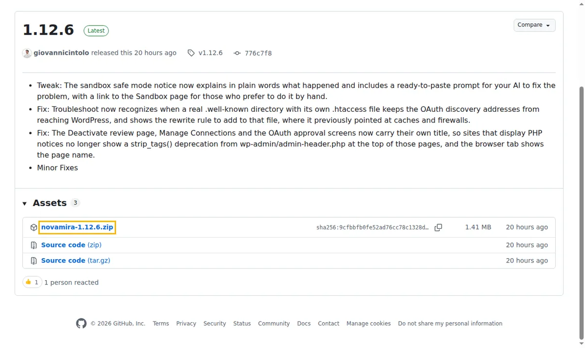 Novamira 1.12.6 release on GitHub with the novamira-1.12.6.zip download highlighted