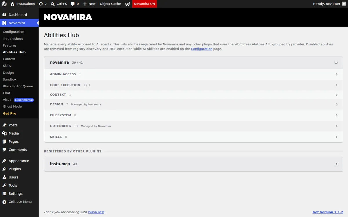 Novamira Abilities Hub listing 41 Novamira abilities by group plus 43 abilities registered by InstaMCP