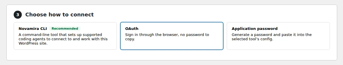 Novamira setup step 3: choose how to connect, with Novamira CLI, OAuth and Application password options