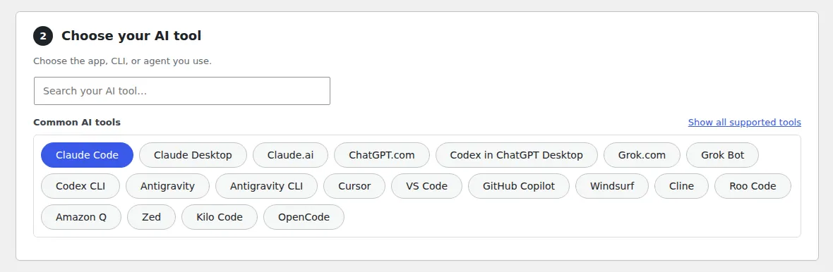 Novamira setup step 2: choose your AI tool, with Claude Code selected from 20 tools