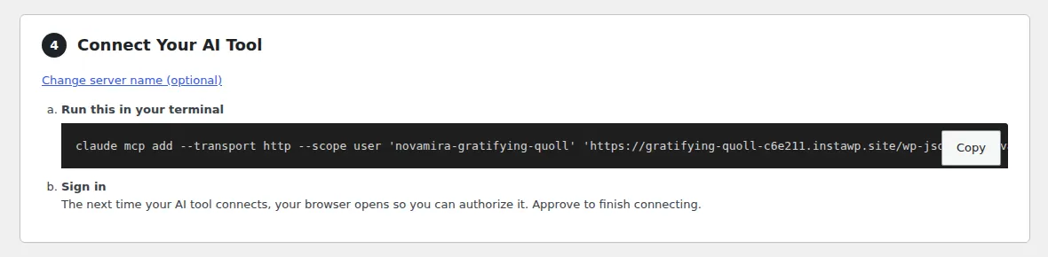 Novamira setup step 4: connect your AI tool and sign in through the browser