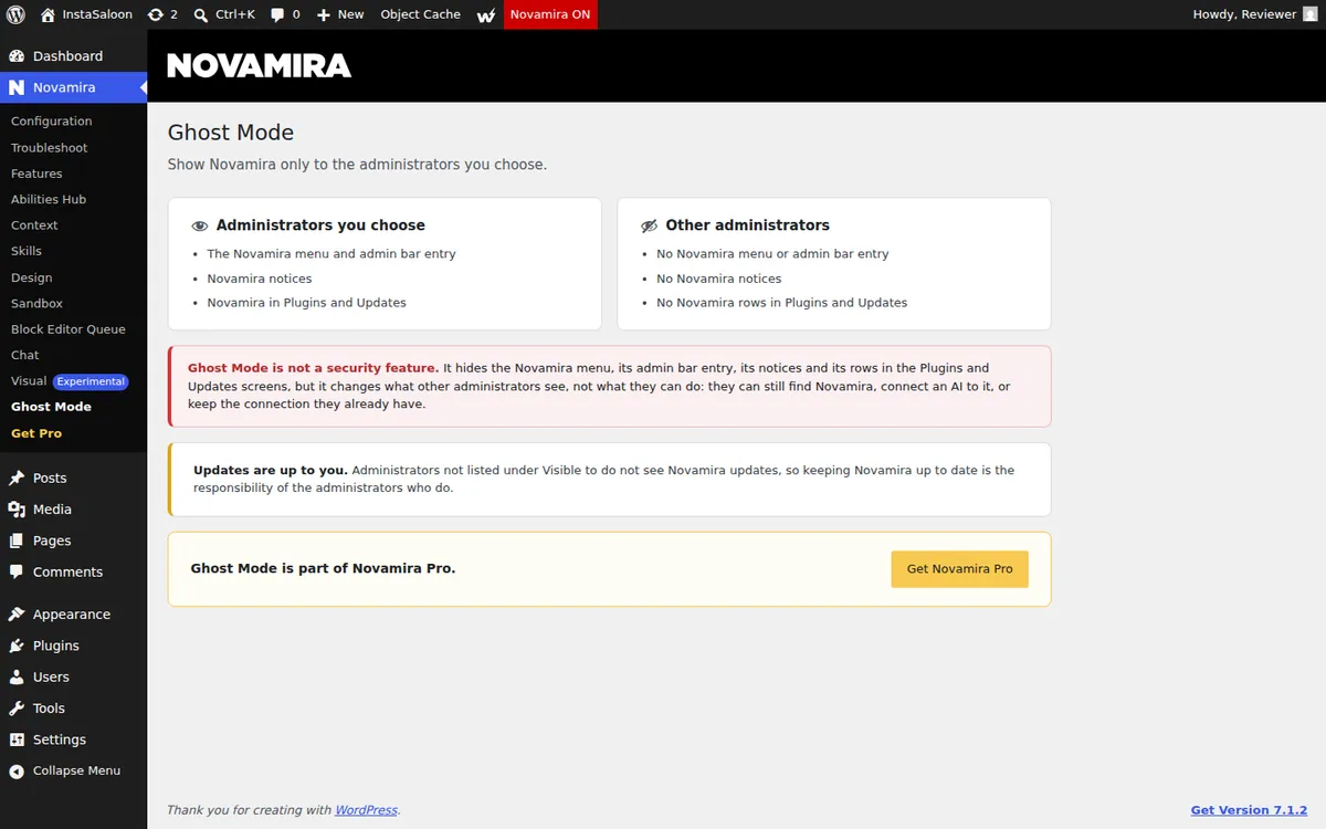 Novamira Ghost Mode screen stating that Ghost Mode is not a security feature and is part of Novamira Pro