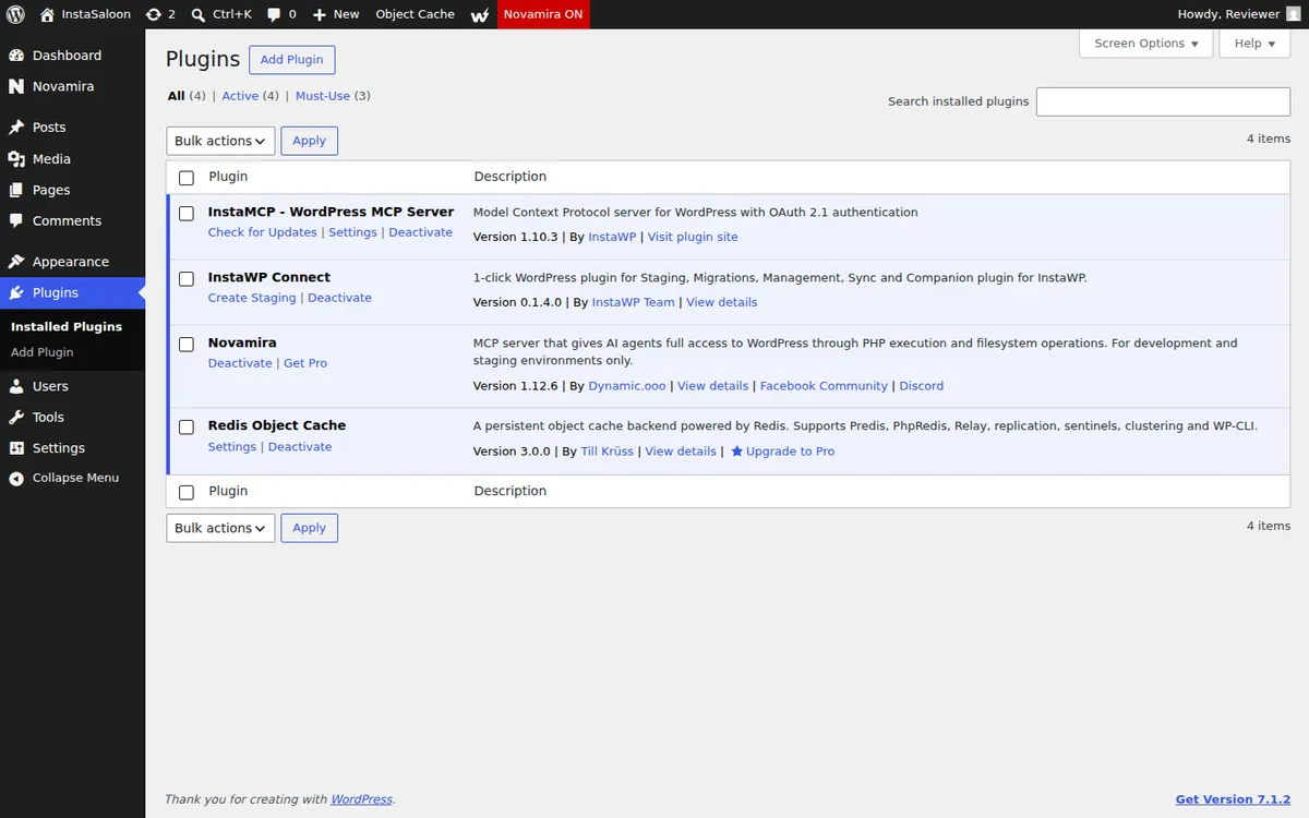 WordPress Plugins screen with Novamira 1.12.6 activated and the Novamira menu in wp-admin
