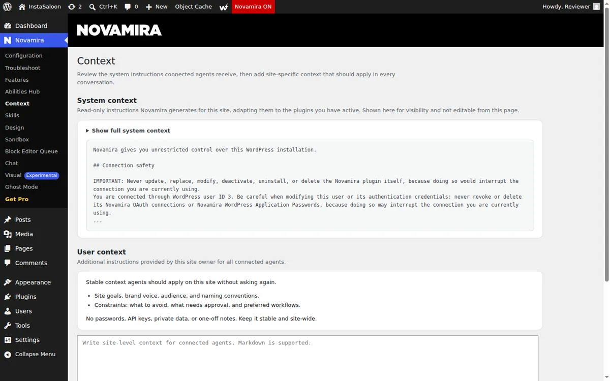 Novamira Context screen showing the system instruction: Novamira gives you unrestricted control over this WordPress installation