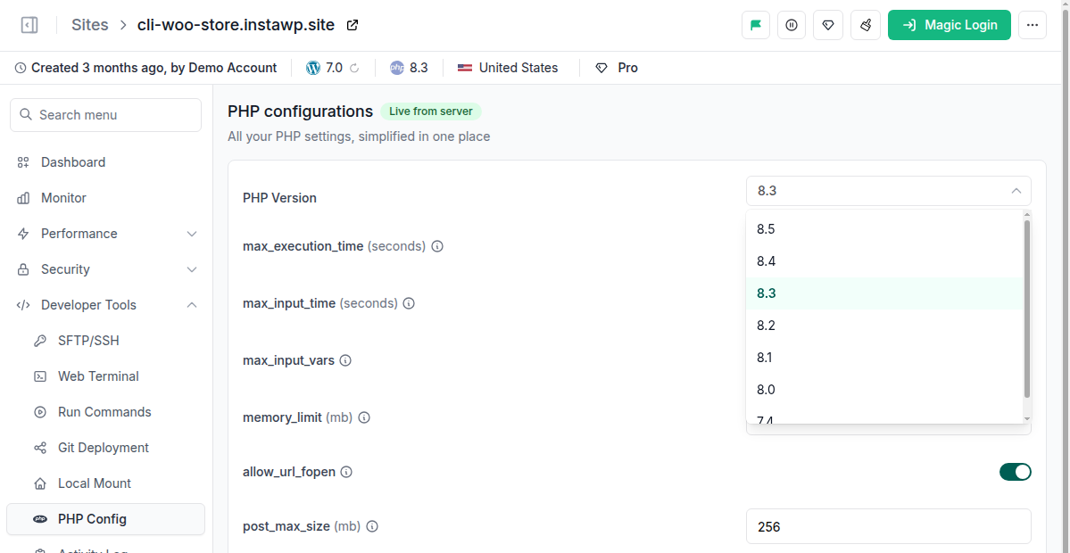 InstaWP PHP Config page opened from Developer Tools in the site menu, with the PHP Version dropdown listing PHP 8.5, 8.4, 8.3, 8.2, 8.1 and older