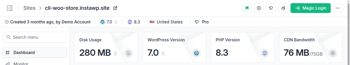 InstaWP site dashboard for a Pro site, with PHP 8.3 shown in the bar under the site name and on the PHP Version card