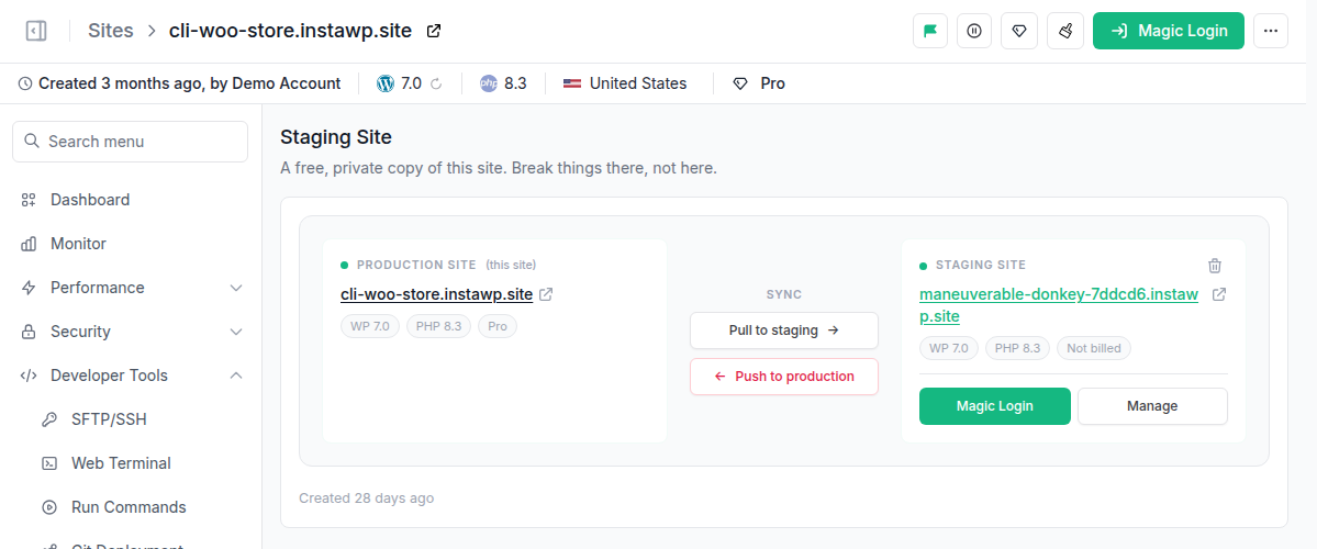 InstaWP Staging Site page showing the production site and its staging copy side by side, each labelled with its WordPress and PHP version, with Pull to staging and Push to production buttons
