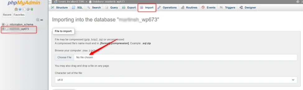 phpMyAdmin Import tab importing into a WordPress database, with the Choose File button for the .sql file