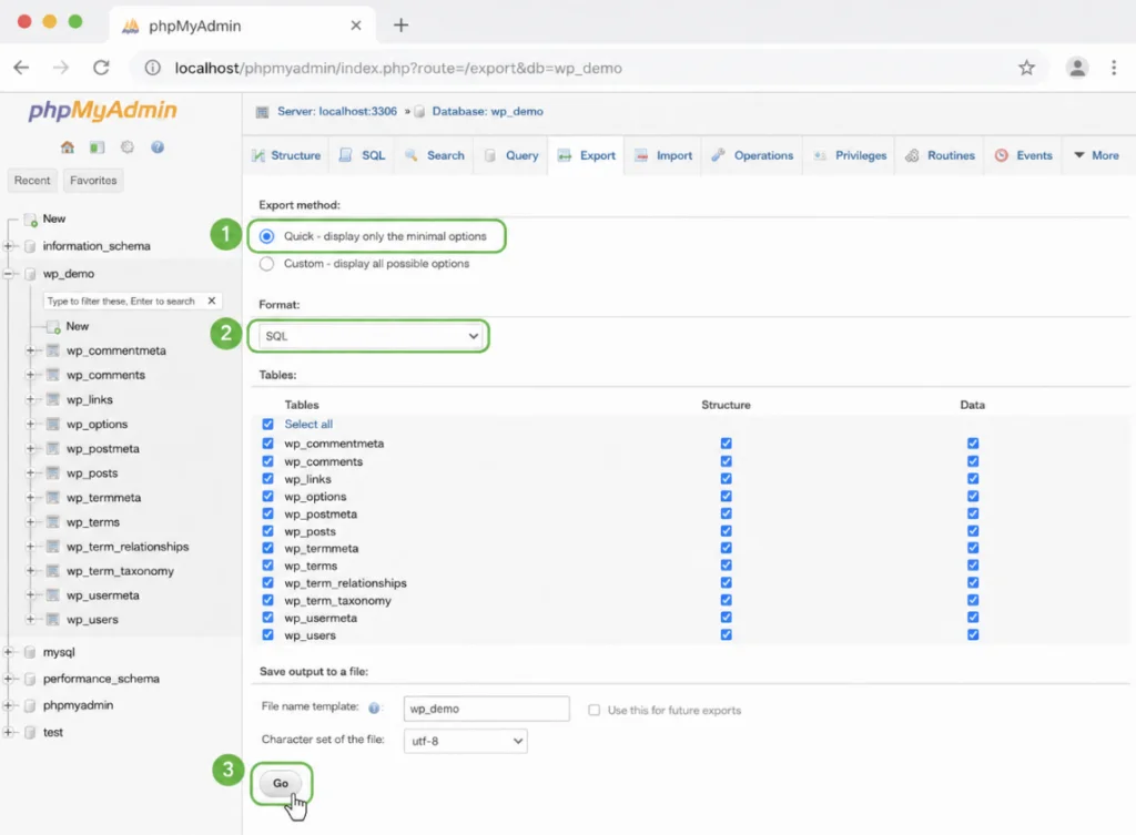 phpMyAdmin export screen with the Quick export method, SQL format and the Export button